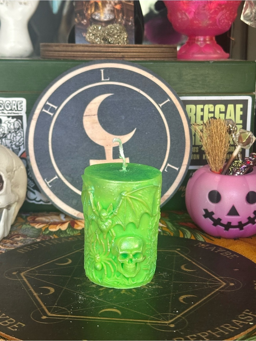 Green Gothic Halloween Pillar Candle